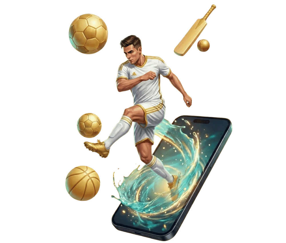 football player emerging from a smartphone screen surrounded by gold cricket and football icons