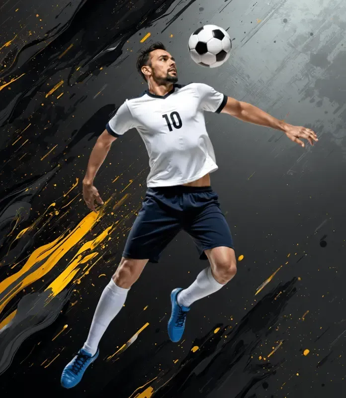 Football player wearing white kit with 10 written on it jumping to Control the ball