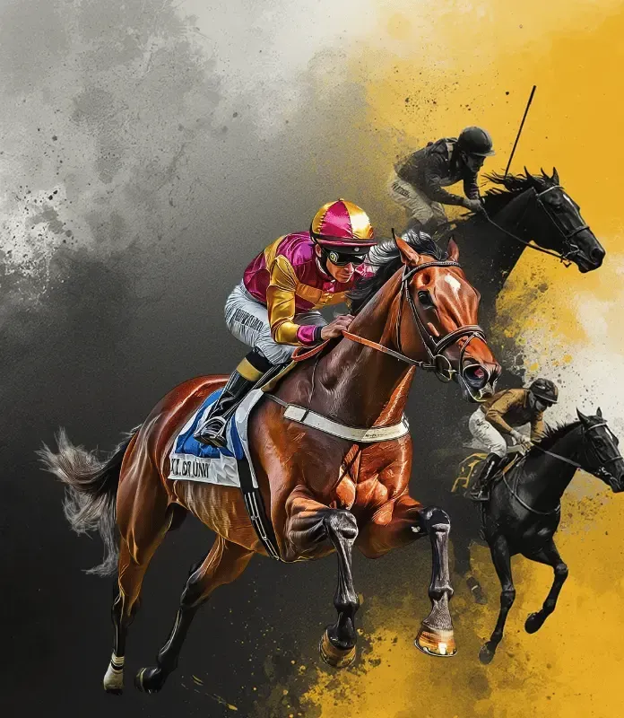 A jockey in blue and yellow clothing, riding a brown racehorse.