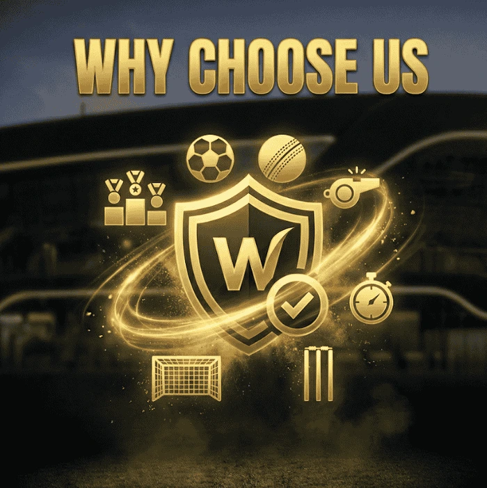 "Why Choose Us" written in big gold letters above a shield, cricket ball, football, and other sports icons like a stopwatch and whistle.