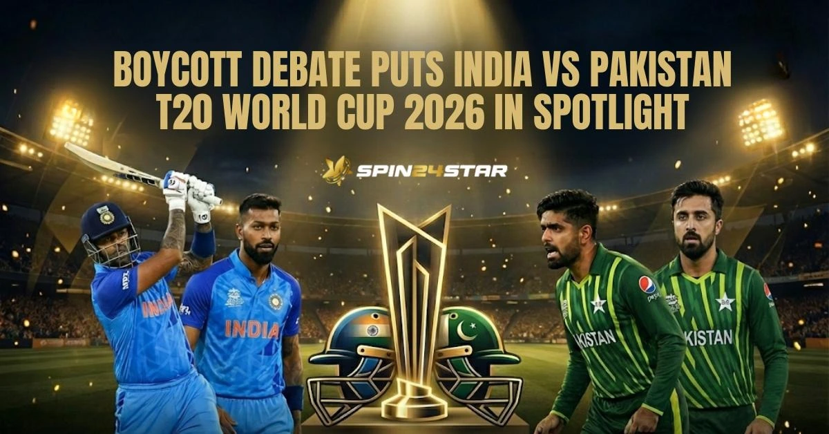 A Image featuring cricket players from India in blue and Pakistan players in green jerseys on the right a T20 World cup trophy in the central. The headline text is "BOYCOTT DEBATE PUTS INDIA VS PAKISTAN T20 WORLD CUP 2026 IN SPOTLIGHT."