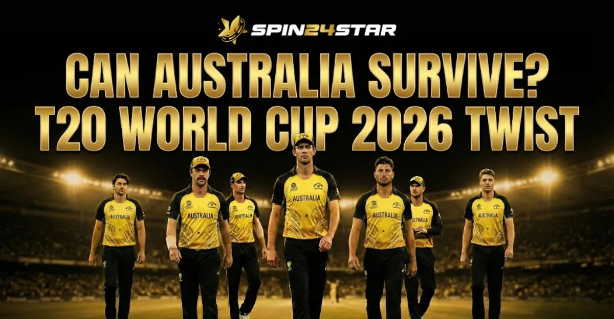 A Image featuring the Australian men's cricket team walking on a field at night, with large gold tex "CAN AUSTRALIA SURVIVE? T20 WORLD CUP 2026 TWIST" and the Spin24Star logo at the top