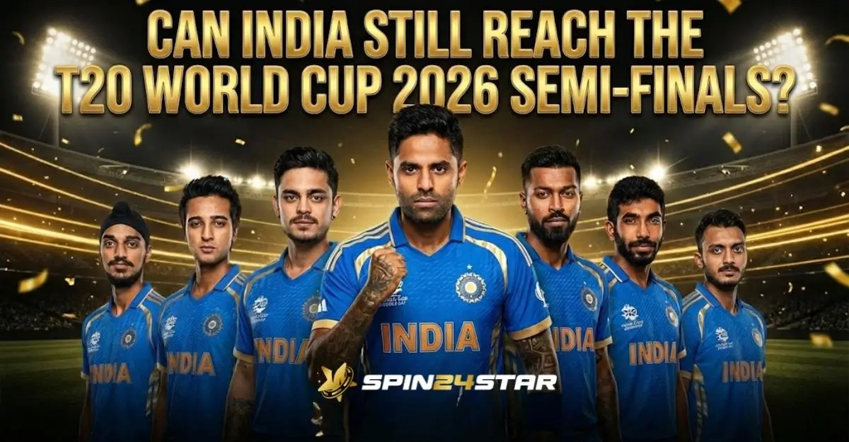 An advertisement sports poster that includes seven Indian cricketing players in blue uniform standing in a well lit stadium with gold confetti showering. There is large text at the top that is written in gold and white and it is, "CAN INDIA STILL REACH THE T20 WORLD CUP 2026 SEMI-FINALS?" with logo of Spin24Star at the bottom.