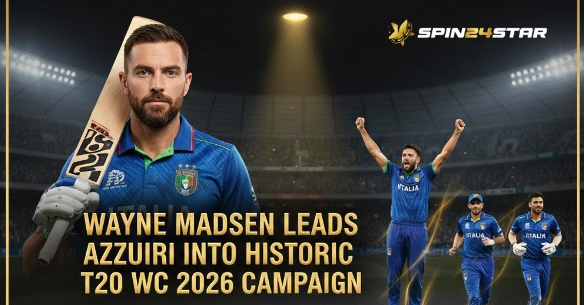 Wayne Madsen holding a cricket bat in Italy's blue jersey, celebrating with Azzurri teammates on a stadium field, promoting Italy's historic T20 World Cup 2026 campaign Text written as "Wayne Madsen Leads Azzurri into Historic T20 WC 2026 Campaign"