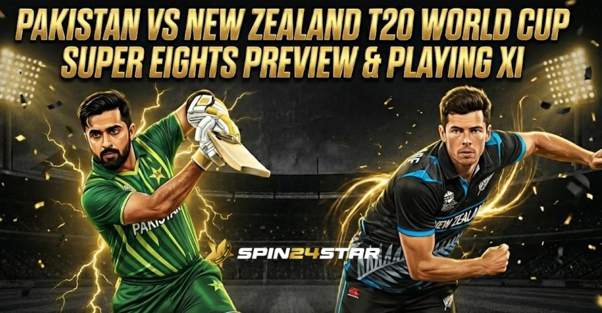 Image of Pakistan vs New Zealand T20 World Cup Super 8 game with a Pakistani batsman in motion and a New Zealand bowler in action, holding a batter in place with the golden effects and Text written as "Pakistan vs New Zealand T20 World Cup Super Eights Preview & Playing XI" In bold text