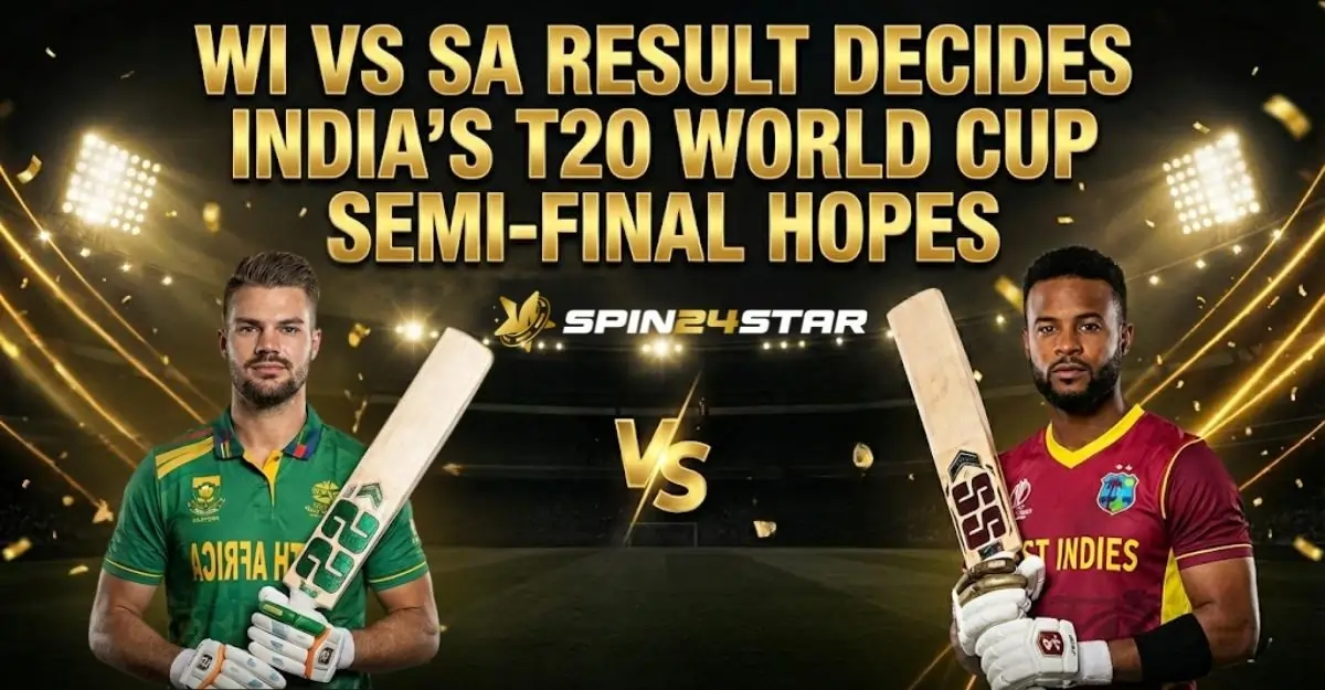 A sports promotional poster depicting a South African and a West Indian cricketer with bats in their hands with large gold print on it showing "WI VS SA RESULT DECIDES INDIA'S T20 WORLD CUP SEMI-FINAL HOPES" and the background shows a stadium.