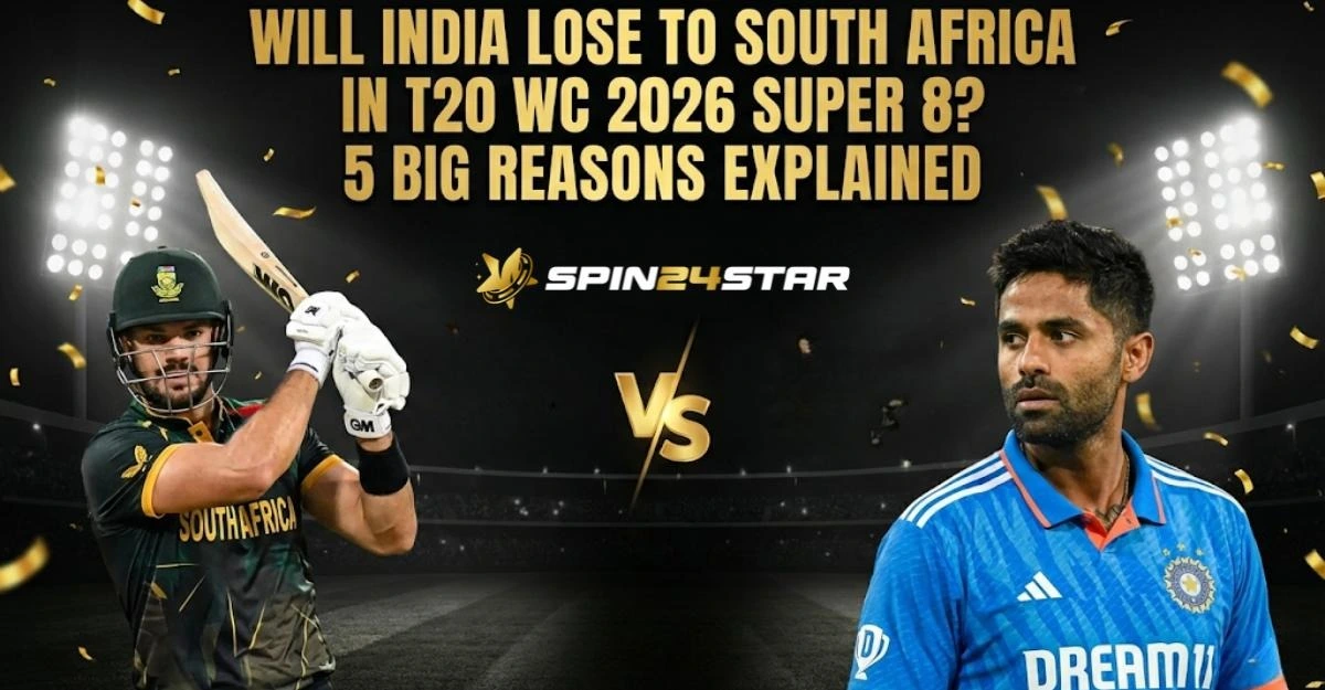 Image showing South African and Indian cricketing players with text: Will India lose to South Africa in T20 WC 2026 Super 8? 5 big reasons explained: on a brightly lit stadium background.