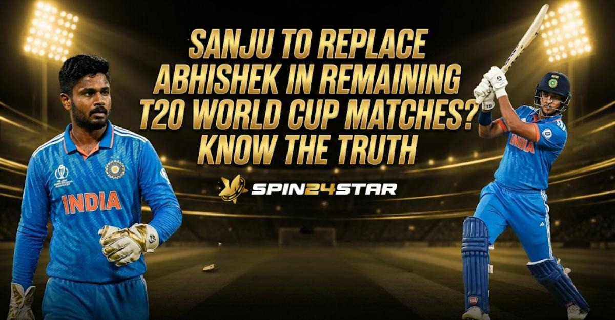 Image of Indian cricketers of Sanju Samson and Abhishek Sharma with bold text as to "Sanju to Replace Abhishek in Remaining T20 World Cup Matches? Know the Truth" on a light-colored stadium.