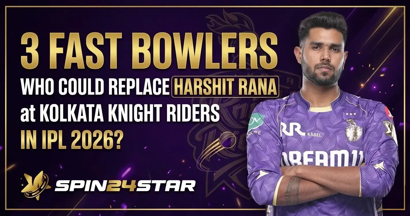 Image featuring cricketer Harshit Rana in a purple Kolkata Knight Riders jersey next to the text "3 Fast Bowlers Who Could Replace Harshit Rana at Kolkata Knight Riders in IPL 2026?". The Spin24Star logo is at the bottom left against a dark purple background.