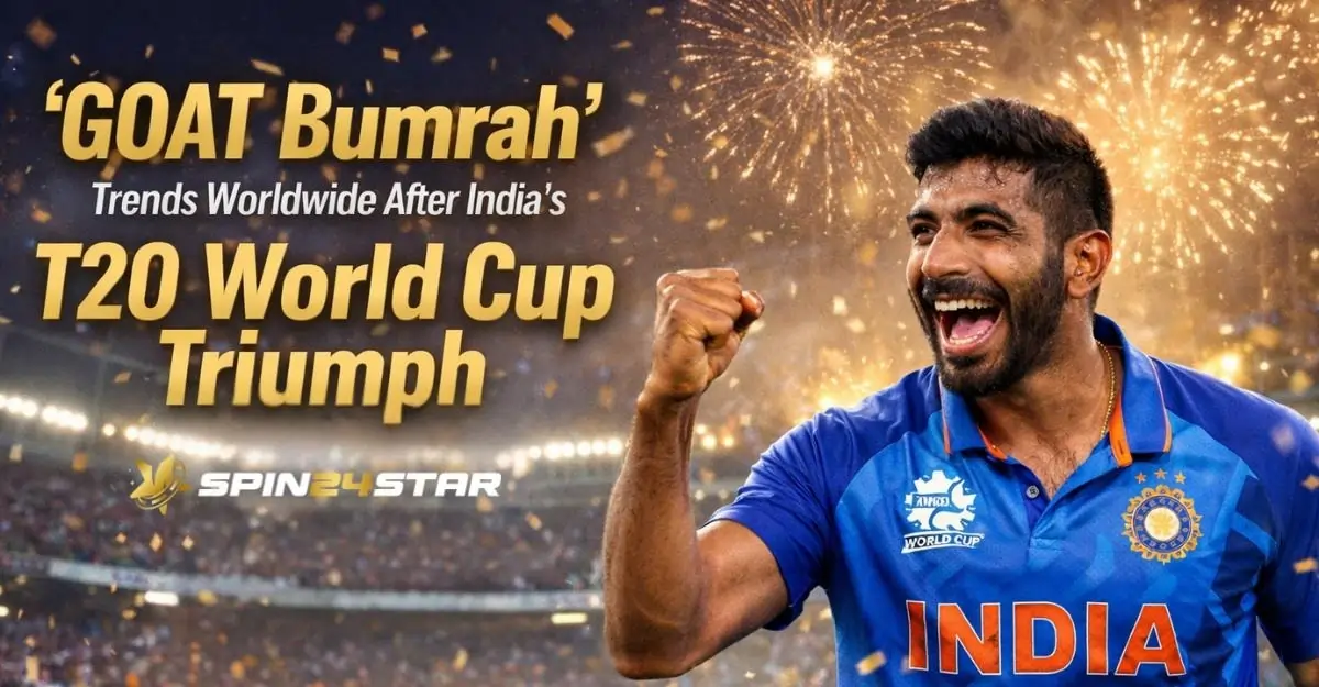 Image showing Jasprit Bumrah raises a powerful fist in pure joy and text written as “GOAT Bumrah Trends Worldwide After India’s T20 World Cup Triumph" with spin24star logo