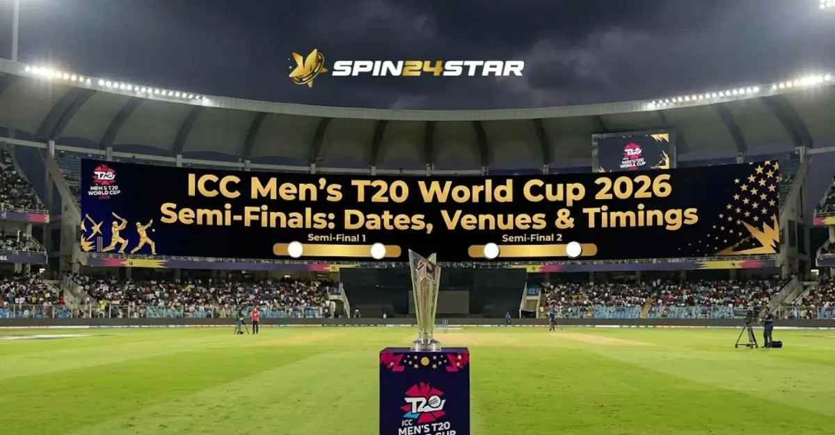 Image of The ICC Men's T20 World Cup trophy on a pedestal at the cricket field. In the background, a massive text written in screen as "ICC Men's T20 World Cup 2026 Semi-Finals: Dates, Venues & Timings." with the SPIN24STAR logo at the top center.