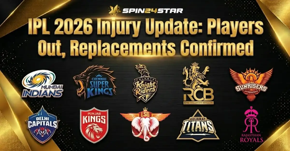 A sports news graphic with golden text reading "IPL 2026 Injury Update: Players Out, Replacements Confirmed" displayed above the logos of the ten Indian Premier League cricket franchises.