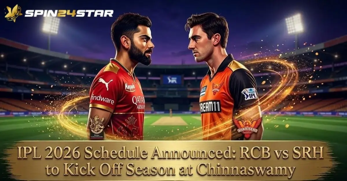 Image featuring A the IPL 2026 season opener featuring cricketers Virat Kohli of RCB and Pat Cummins of SRH facing off in a brightly lit stadium. Gold text written as "IPL 2026 Schedule Announced: RCB vs SRH to Kick Off Season at Chinnaswamy." The Spin24star logo is in the top left corner.