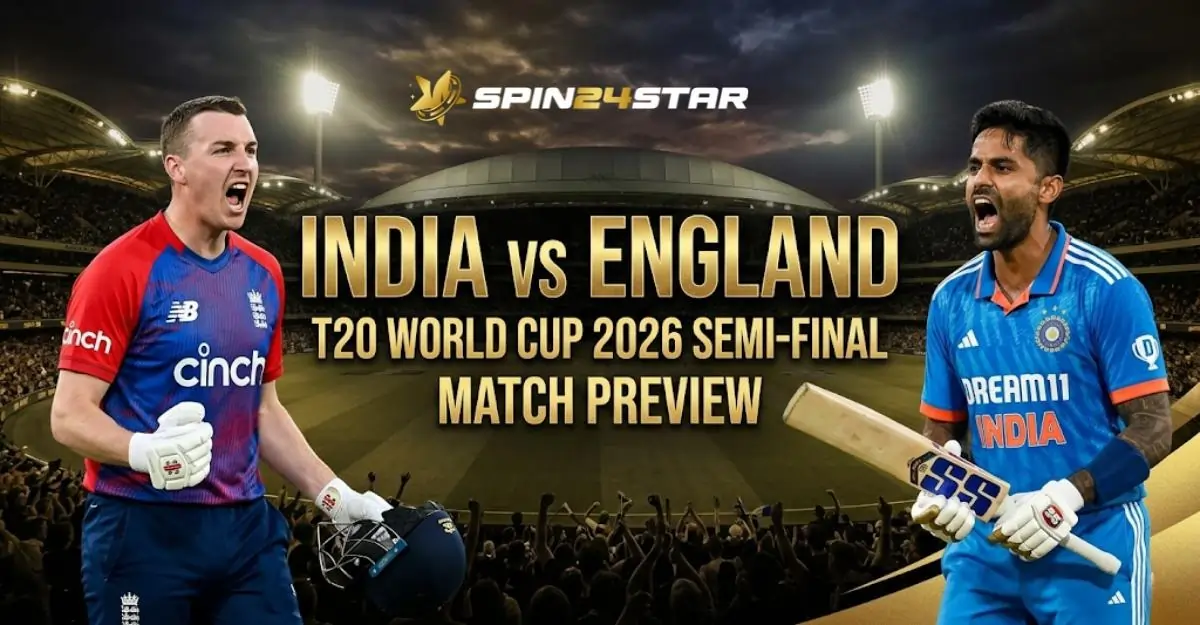 Two passionate cricket players from England and India cheering on opposite sides of golden text 'India vs England T20 World Cup 2026 Semi-Final Match Preview', set against a brightly lit nighttime stadium with SPIN24STAR logo.