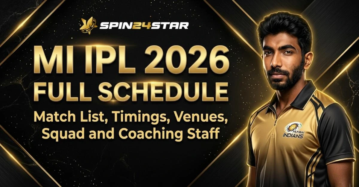 Image the Mumbai Indians' IPL 2026 full schedule, featuring cricketer Jasprit Bumrah in a black and gold team jersey. The text overlays a dark, textured background with geometric gold lines and reads "MI IPL 2026 FULL SCHEDULE, Match List, Timings, Venues, Squad and Coaching Staff." with Spin24star logo