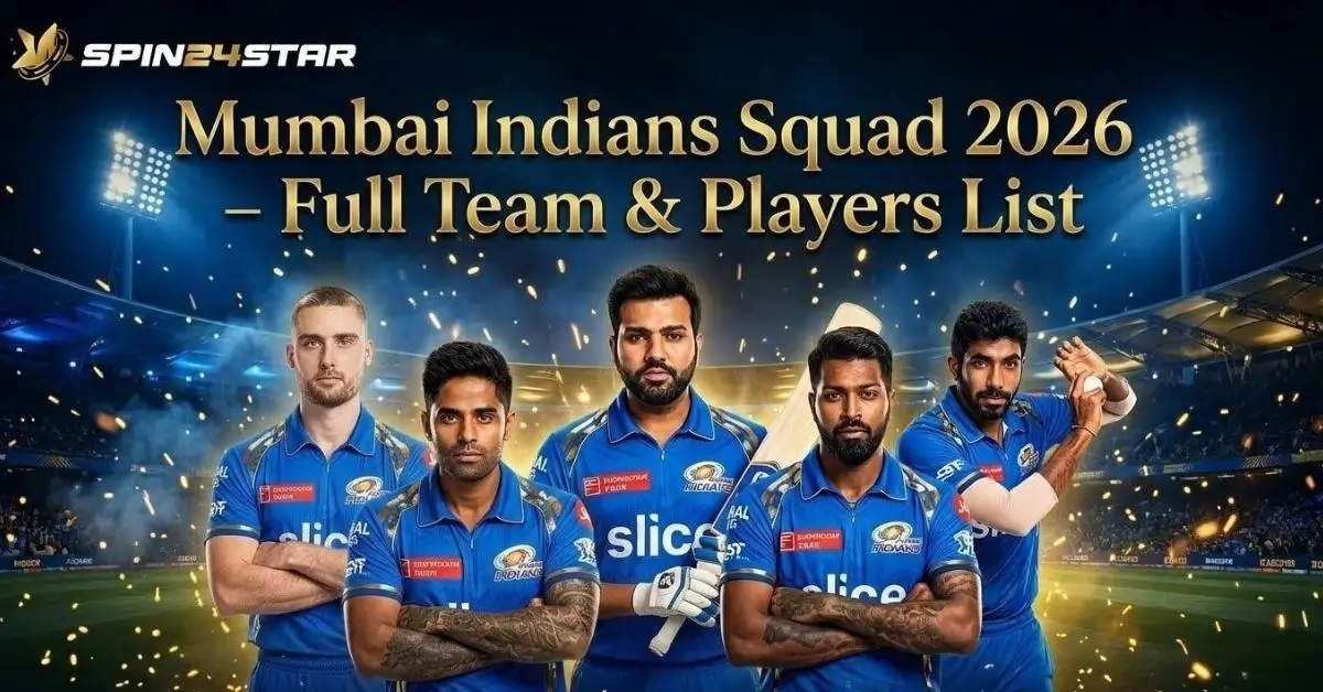 Image featuring the Mumbai Indians IPL 2026 squad featuring players including Rohit Sharma, Hardik Pandya, Suryakumar Yadav, Will Jacks and Jasprit Bumrah in blue jerseys standing in a brilliantly lit stadium with golden sparks, and large elegant gold text reads "Mumbai Indians Squad 2026 – Full Team & Players List" and The Spin24star logo is in the top left.