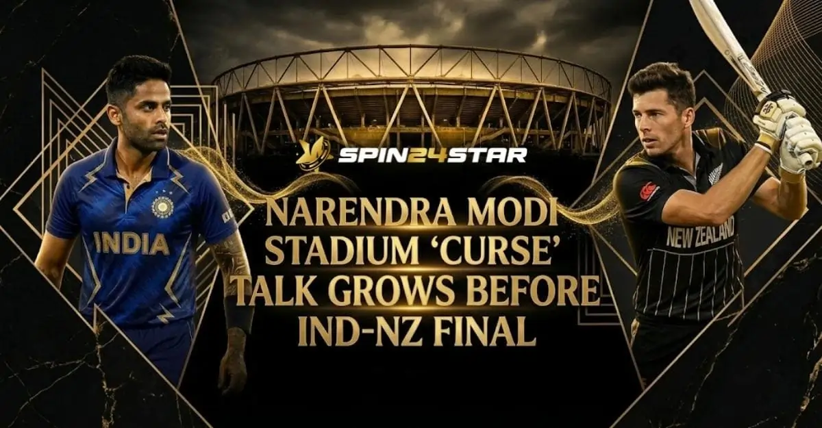 A promotional sports graphic for a cricket final between India and New Zealand at the Narendra Modi Stadium. It features Indian player Suryakumar Yadav on the left and a New Zealand batsman on the right, flanking a central image of the stadium under a dark, dramatic sky. Bold gold text in the center: "NARENDRA MODI STADIUM ‘CURSE’ TALK GROWS BEFORE IND-NZ FINAL." with spin24star logo