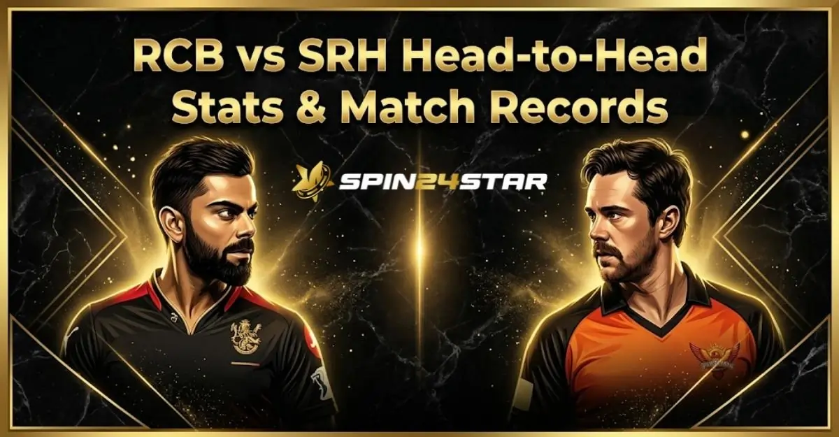 Image for a cricket match showing two players facing each other, featuring the text "RCB vs SRH Head-to-Head Stats & Match Records" and the Spin24Star logo against a dark background with gold accents.