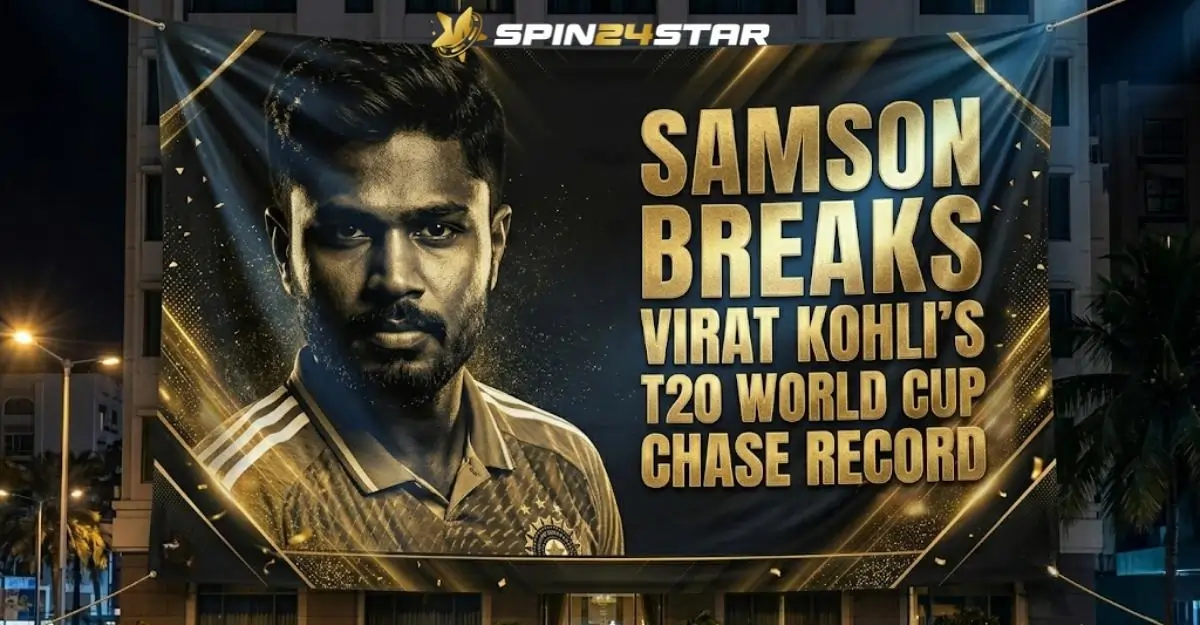 Image showing outdoor banner at night featuring a portrait of cricketer Sanju Samson. Large gold text on the righ, "SAMSON BREAKS VIRAT KOHLI'S T20 WORLD CUP CHASE RECORD," with a SPIN24STAR logo at the top center.