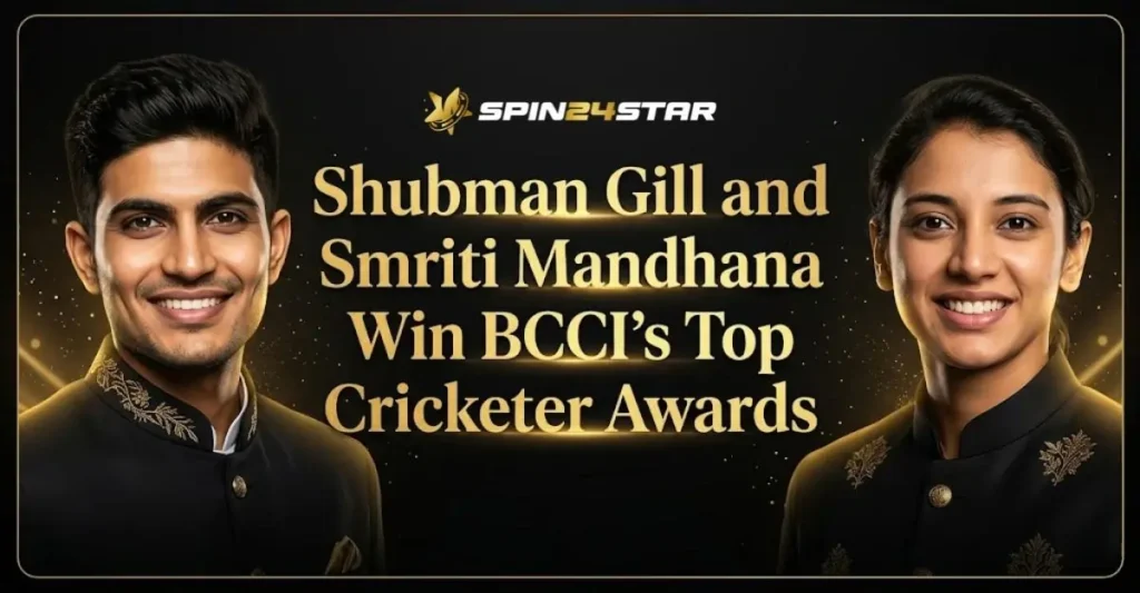 Image showing cricketers Shubman Gill and Smriti Mandhana in formal black and gold attire, alongside glowing gold text that reads, "Shubman Gill and Smriti Mandhana Win BCCI's Top Cricketer Awards," below the SPIN24STAR logo.