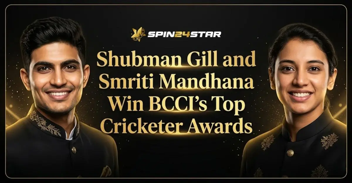 Image showing cricketers Shubman Gill and Smriti Mandhana in formal black and gold attire, alongside glowing gold text that reads, "Shubman Gill and Smriti Mandhana Win BCCI's Top Cricketer Awards," below the SPIN24STAR logo.