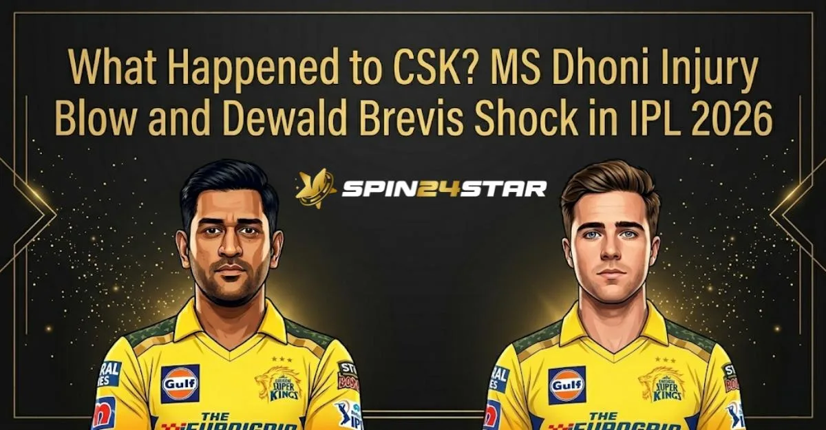 Image titled "What Happened to CSK? MS Dhoni Injury Blow and Dewald Brevis Shock in IPL 2026." It features digital portraits of cricketers MS Dhoni and Dewald Brevis wearing yellow Chennai Super Kings jerseys against a dark background with gold accents, with the "Spin24Star" logo in the center.