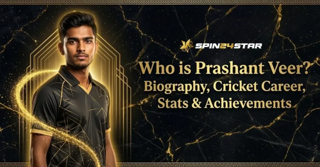 Image featuring cricketer Prashant Veer in a black and gold jersey. Large gold text reads "Who is Prashant Veer? Biography, Cricket Career, Stats & Achievements" alongside the SPIN24STAR logo, set against a dark marble background with gold accents.