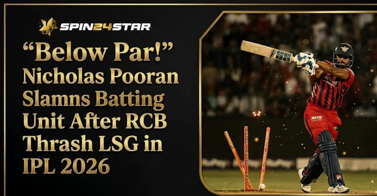 A sports news graphic with a black and gold theme. On the left, gold text reads, "'Below Par!' Nicholas Pooran Slams Batting Unit After RCB Thrash LSG in IPL 2026," alongside the SPIN24STAR logo. On the right, an action shot captures a cricket batsman mid-swing just as the ball strikes the wickets behind him, sending the illuminated stumps flying into the air.