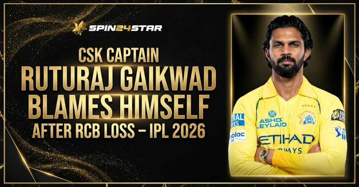 A sports graphic featuring cricketer Ruturaj Gaikwad in a yellow Chennai Super Kings jersey next to gold text that reads "CSK Captain Ruturaj Gaikwad Blames Himself After RCB Loss - IPL 2026."