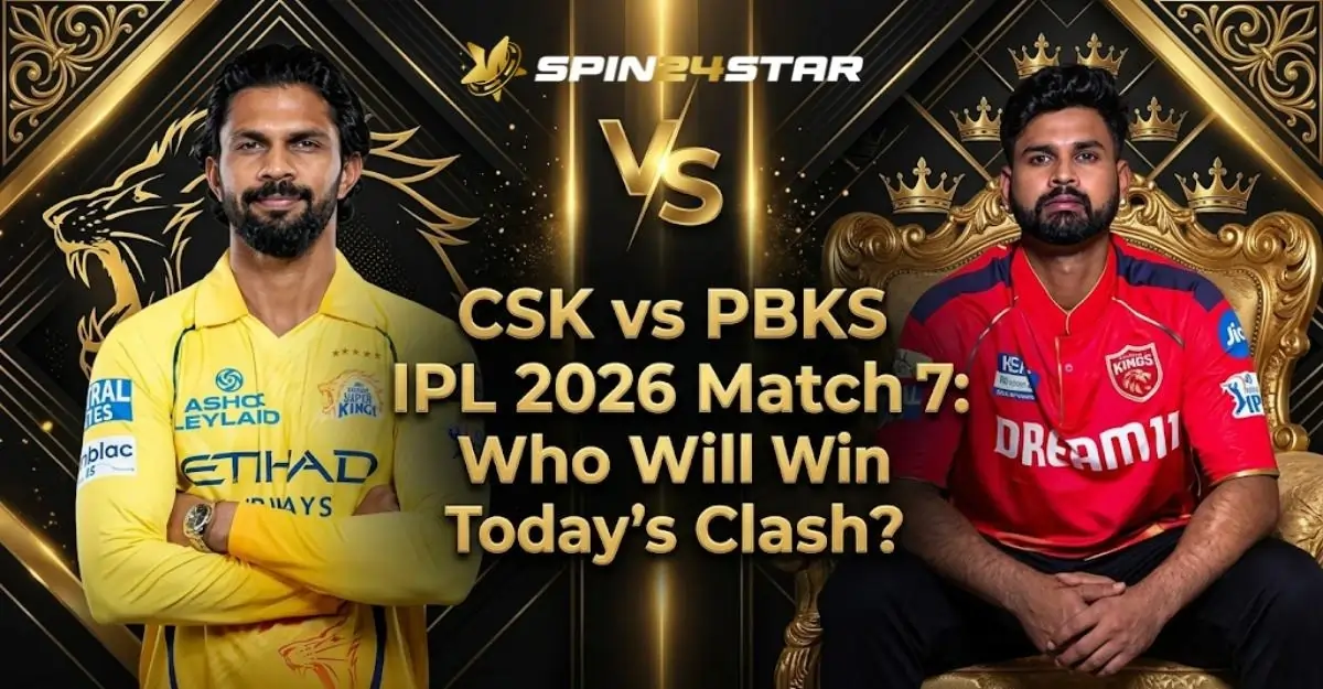 Promotional graphic for IPL 2026 Match 7 featuring Ruturaj Gaikwad in a yellow Chennai Super Kings jersey on the left, and a Punjab Kings player in a red jersey sitting on a golden throne on the right. Large golden text in the center reads "CSK vs PBKS, IPL 2026 Match 7: Who Will Win Today's Clash?"