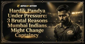 A graphic by Spin24star featuring cricketer Hardik Pandya in a Mumbai Indians jersey looking dejected. Bold gold text overlaid against a dark stadium background reads, "Hardik Pandya Under Pressure: 3 Brutal Reasons Mumbai Indians Might Change Captaincy.