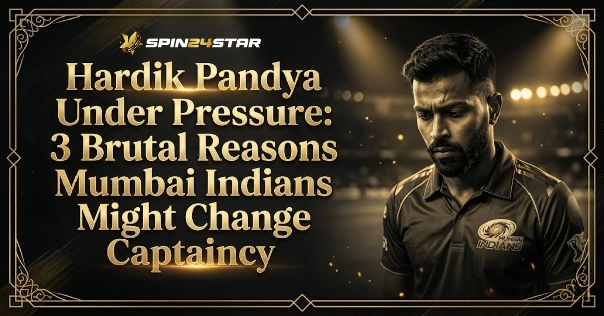 A graphic by Spin24star featuring cricketer Hardik Pandya in a Mumbai Indians jersey looking dejected. Bold gold text overlaid against a dark stadium background reads, "Hardik Pandya Under Pressure: 3 Brutal Reasons Mumbai Indians Might Change Captaincy.