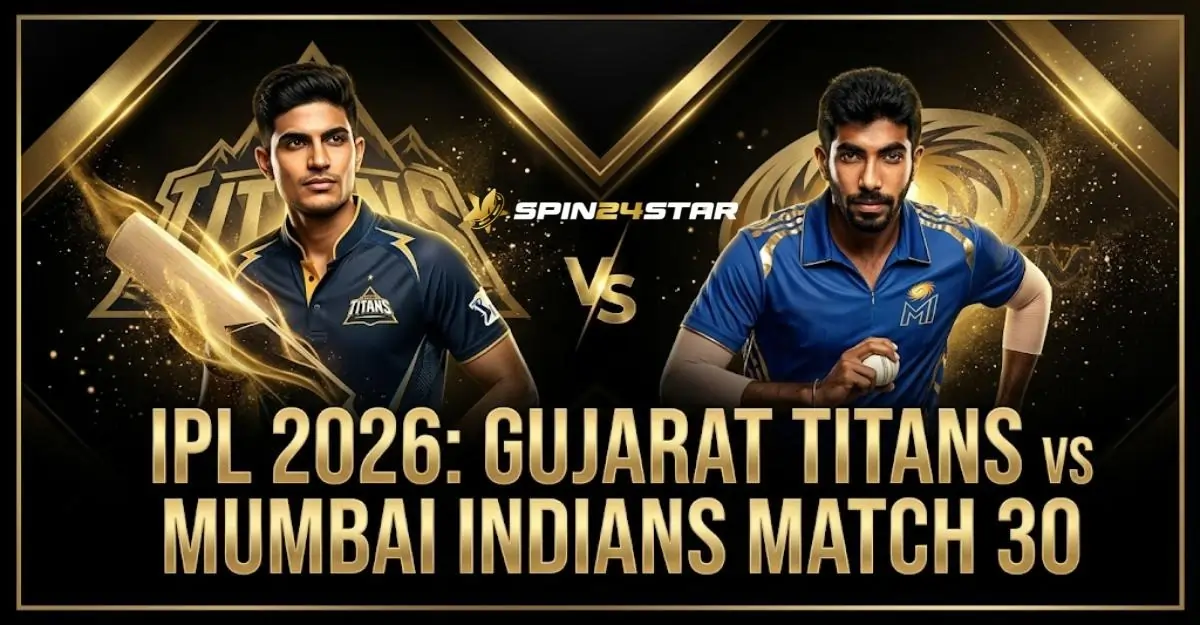 Promotional graphic for IPL 2026 Match 30 featuring the Gujarat Titans versus the Mumbai Indians. The image shows Shubman Gill holding a glowing bat on the left and Jasprit Bumrah holding a glowing cricket ball on the right. The Spin24star logo sits top center above a gold "Vs" against a dark background with gold accents.