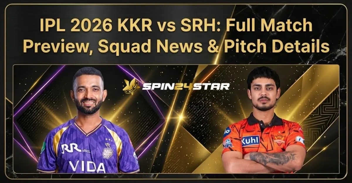 Promotional graphic for the IPL 2026 match between KKR and SRH featuring cricketers Ajinkya Rahane in a purple jersey and Ishan Kishan in an orange jersey, with text offering a full match preview, squad news, and pitch details..