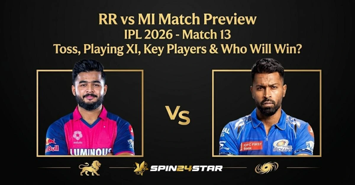 APromotional graphic for IPL 2026 Match 13 between Rajasthan Royals (RR) and Mumbai Indians (MI), featuring cricketers Riyan Parag and Hardik Pandya.