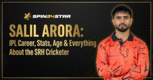 Promotional banner for Spin24Star featuring Indian cricketer Salil Arora with his arms crossed, wearing an orange and black jersey. Bold golden text reads "SALIL