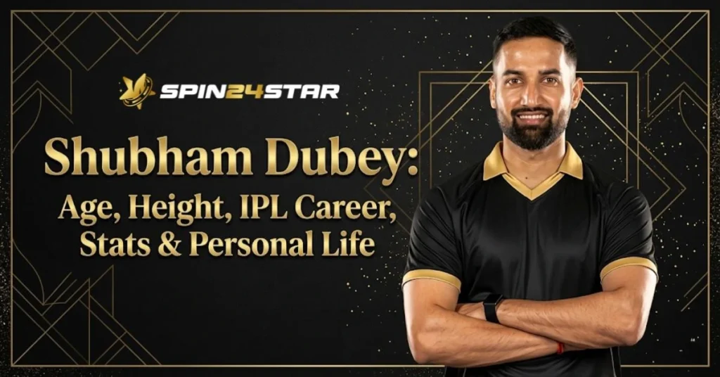 A promotional graphic by Spin24Star featuring cricketer Shubham Dubey. He is smiling with his arms crossed, wearing a black polo shirt with gold trim. To his left, bold gold text reads ""Shubham Dubey: Age, Height, IPL Career, Stats & Personal Life"" set against a dark background decorated with geometric gold lines.