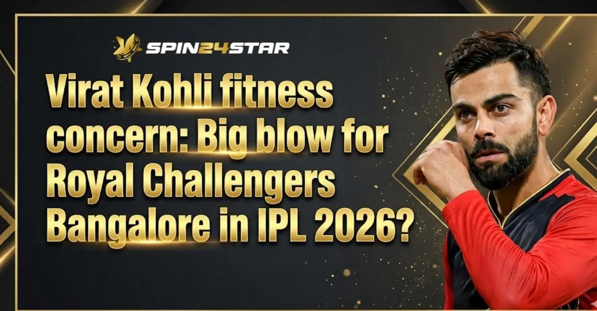 A sports news graphic featuring cricketer Virat Kohli looking serious in his red and black jersey, accompanied by large golden text that reads, "Virat Kohli fitness concern: Big blow for Royal Challengers Bangalore in IPL 2026? "under the Spin24Star logo