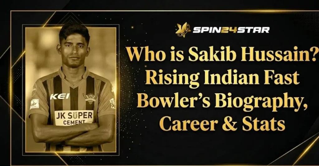 A promotional graphic featuring cricketer Sakib Hussain? in an orange jersey next to gold text that reads, "Who is Praful Hinge? IPL Stats, Cricket Career & Full Biography."
