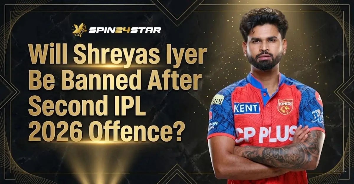 A sports news graphic asking "Will Shreyas Iyer Be Banned After Second IPL 2026 Offence?" alongside a portrait of cricketer Shreyas Iyer standing with his arms crossed in a red and blue jersey.