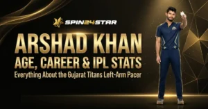 Promotional banner for Spin24Star featuring Indian cricketer Salil Arora with his arms crossed, wearing an orange and black jersey. Bold golden text reads "Arshad Khan Age, Career & IPL Stats: Everything About the Gujarat Titans Left-Arm Pacer" set against a dark background with gold starry specks.