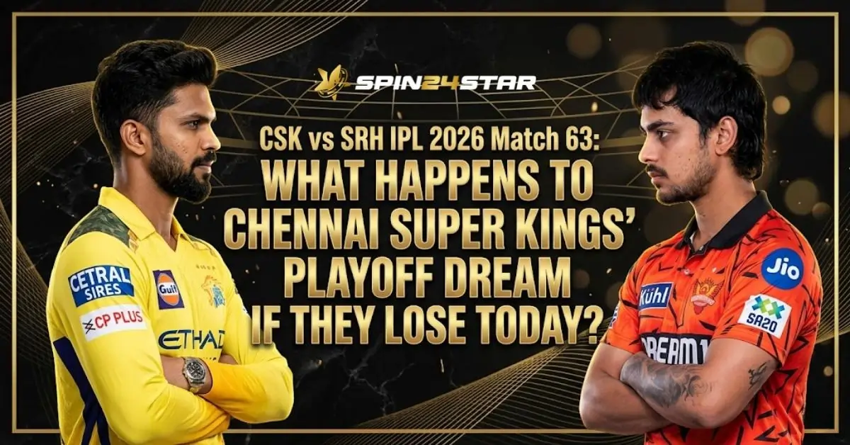 Image featuring a Chennai Super Kings player on the left and a Sunrisers Hyderabad player on the right, facing each other in profile. In the center, bold gold text reads, "CSK vs SRH IPL 2026 Match 63: WHAT HAPPENS TO CHENNAI SUPER KINGS' PLAYOFF DREAM IF THEY LOSE TODAY?" The Spin24Star logo is at the top against a dark, textured background with subtle gold wireframe globe elements.