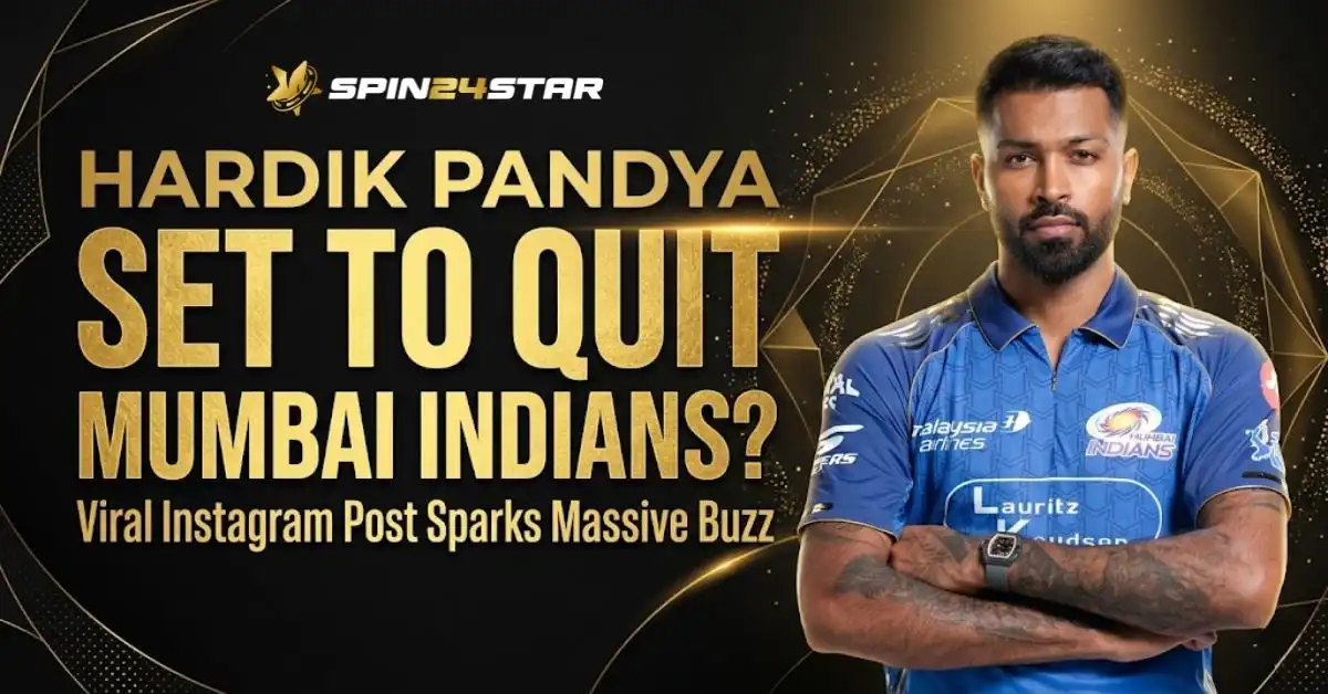 Indian cricketer Hardik Pandya on the right, standing with his arms crossed in a blue Mumbai Indians jersey. On the left, bold gold and white text reads, "HARDIK PANDYA SET TO QUIT MUMBAI INDIANS? Viral Instagram Post Sparks Massive Buzz." The Spin24star logo is positioned at the top left against a dark background