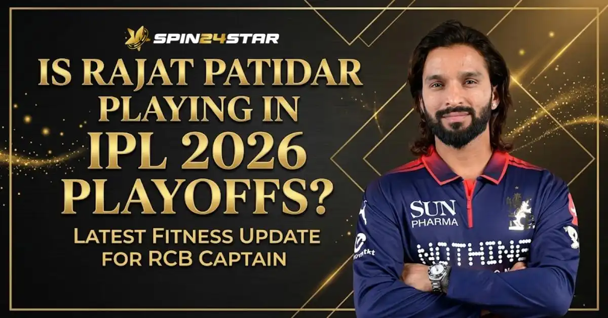 Image featuring Royal Challengers Bangalore captain Rajat Patidar on the right, standing with his arms crossed in his team jersey. On the left, bold gold text reads, "IS RAJAT PATIDAR PLAYING IN IPL 2026 PLAYOFFS? LATEST FITNESS UPDATE FOR RCB CAPTAIN." The Spin24Star logo is positioned at the top left against a dark background accented with gold geometric lines and sparkling effects.