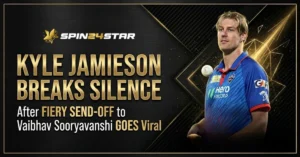 Promotional banner for Spin24Star featuring Indian cricketer Salil Arora with his arms crossed, wearing an orange and black jersey. Bold golden text reads "Kyle Jamieson Breaks Silence After Fiery Send-Off to Vaibhav Sooryavanshi Goes Viral" set against a dark background with gold starry specks.
