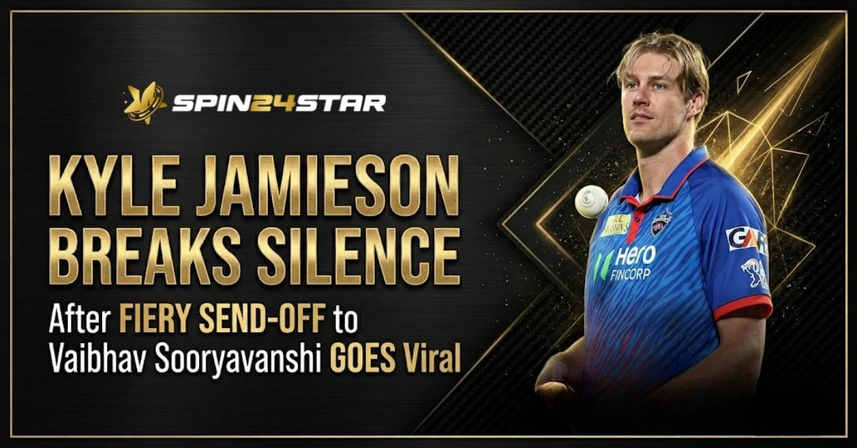 Promotional banner for Spin24Star featuring Indian cricketer Salil Arora with his arms crossed, wearing an orange and black jersey. Bold golden text reads "Kyle Jamieson Breaks Silence After Fiery Send-Off to Vaibhav Sooryavanshi Goes Viral" set against a dark background with gold starry specks.