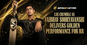 Image featuring young cricketer Vaibhav Sooryavanshi posing confidently on the left while resting his hand on an upright cricket bat. On the right, bold gold text reads, "LSG CRUMBLE AS VAIBHAV SOORYAVANSHI DELIVERS GOLDEN PERFORMANCE FOR RR." The Spin24Star logo is at the top right, set against a dark background accented with glowing golden light trails and geometric patterns.
