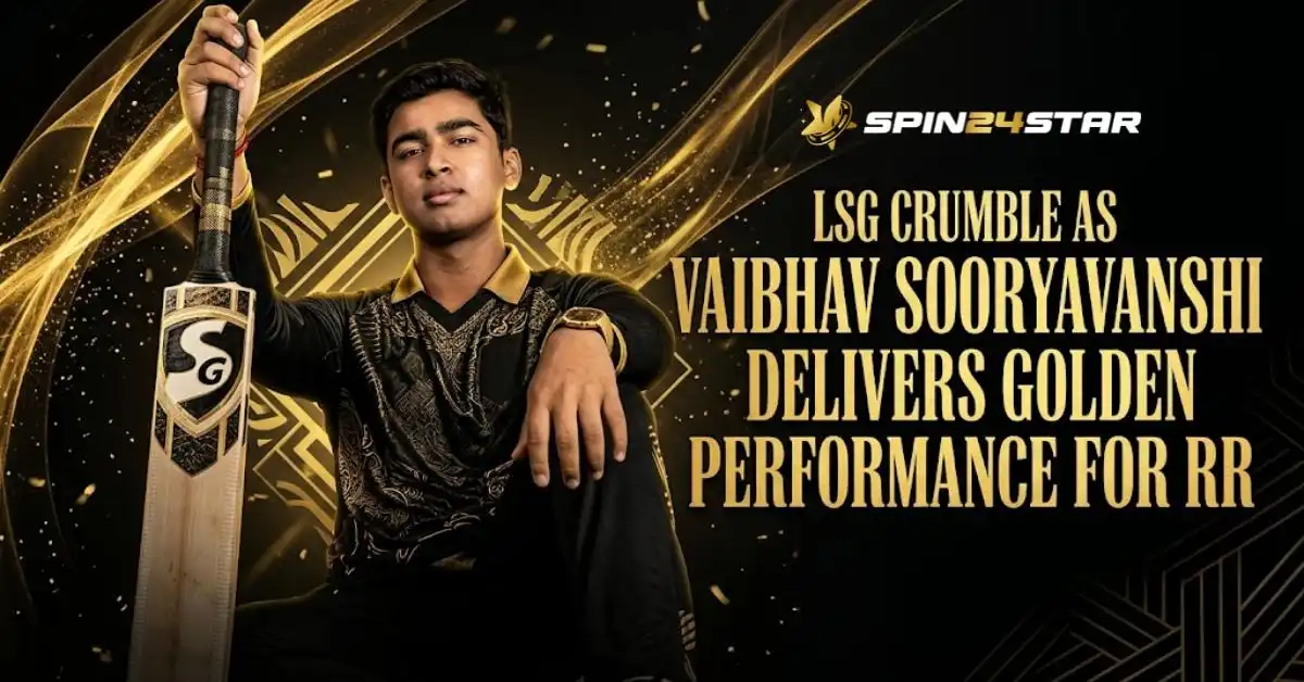Image featuring young cricketer Vaibhav Sooryavanshi posing confidently on the left while resting his hand on an upright cricket bat. On the right, bold gold text reads, "LSG CRUMBLE AS VAIBHAV SOORYAVANSHI DELIVERS GOLDEN PERFORMANCE FOR RR." The Spin24Star logo is at the top right, set against a dark background accented with glowing golden light trails and geometric patterns.