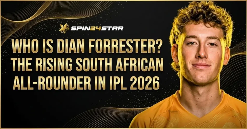 Image featuring South African cricketer Dian Forrester on the right, wearing a yellow jersey. On the left, bold gold text reads, "WHO IS DIAN FORRESTER? THE RISING SOUTH AFRICAN ALL-ROUNDER IN IPL 2026." The Spin24Star logo is positioned at the top center, set against a dark background with elegant gold wave patterns.