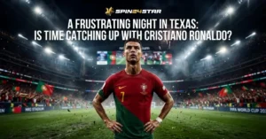 Cristiano Ronaldo standing on a stadium pitch in a Portugal jersey, looking upwards with hands on hips, beneath the spin24star logo and the text: "A FRUSTRATING NIGHT IN TEXAS: IS TIME CATCHING UP WITH CRISTIANO RONALDO?"